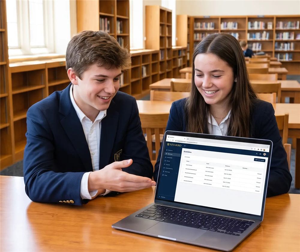 Two students at a laptop in a school library